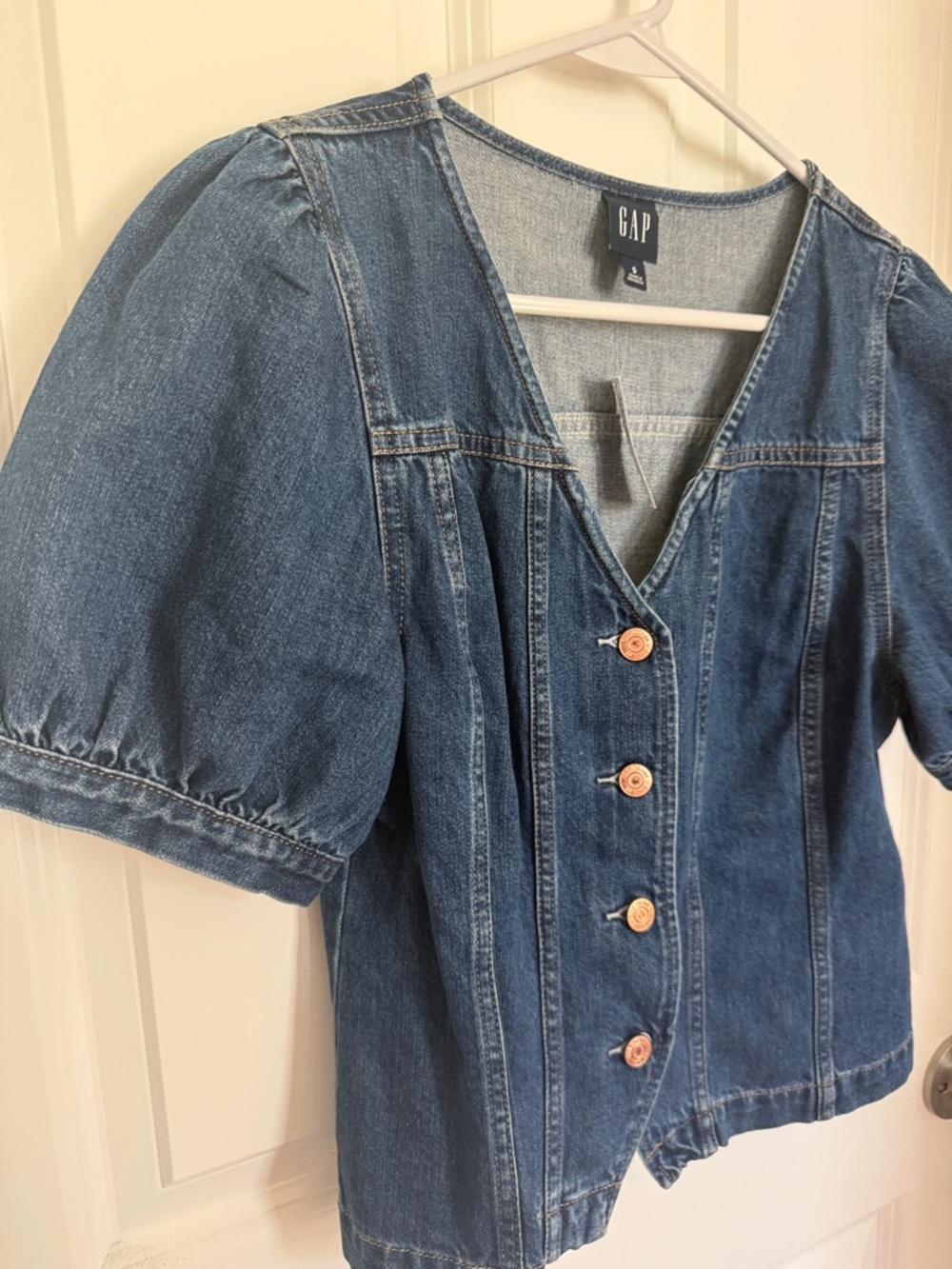 Denim Puff-Sleeve Button Front Top - Blue - Picture 7 of 9